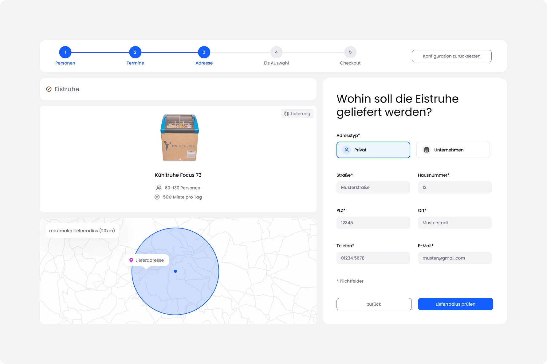 Eventbuchungssystem – Schritt 3 Lieferadresse angeben