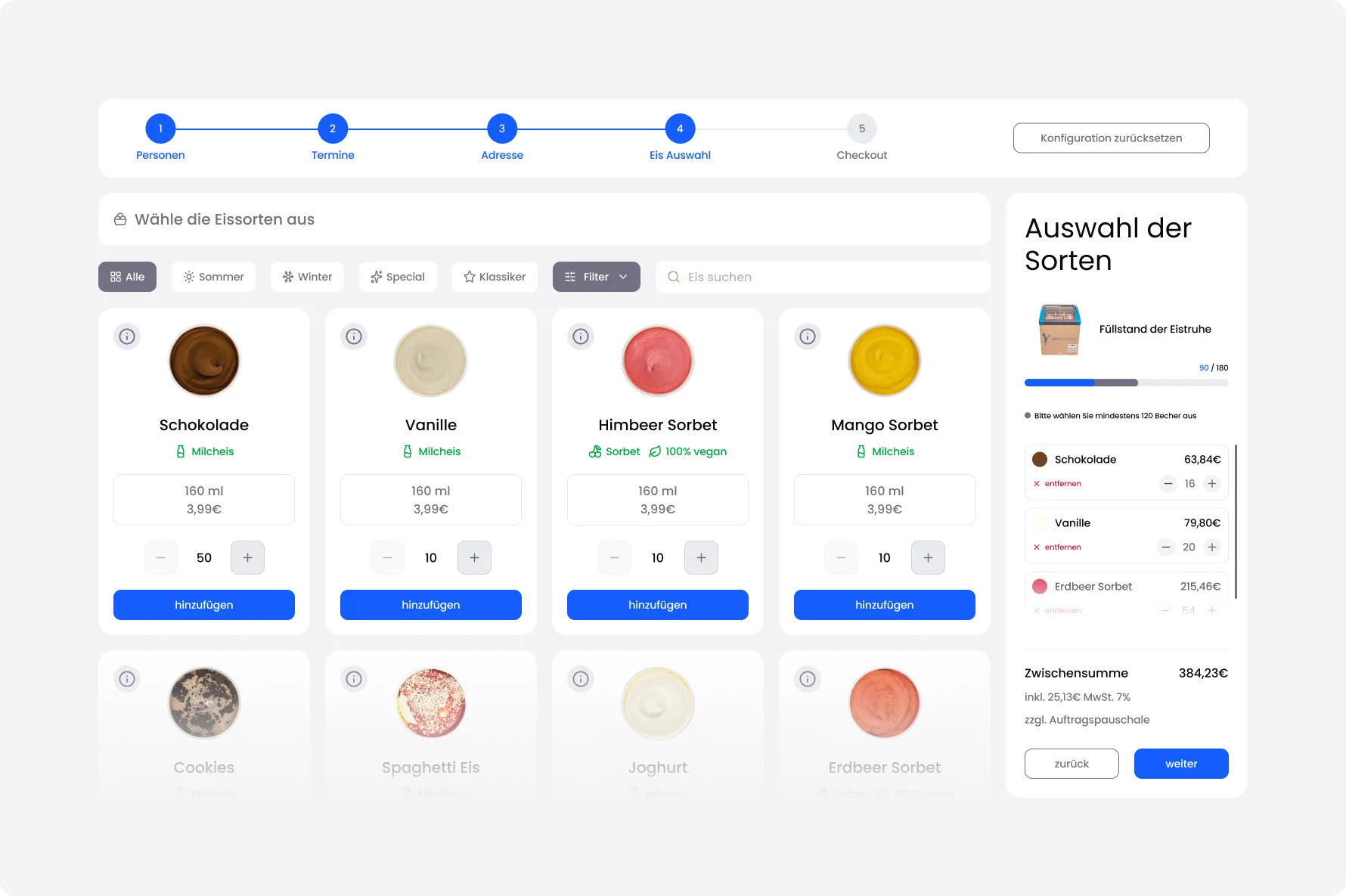 Eventbuchungssystem – Schritt 5 Sorten frei zusammenstellen